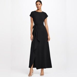 Lafayette 148 New York Black Cap-Sleeve Maxi Dress with Waist Tie